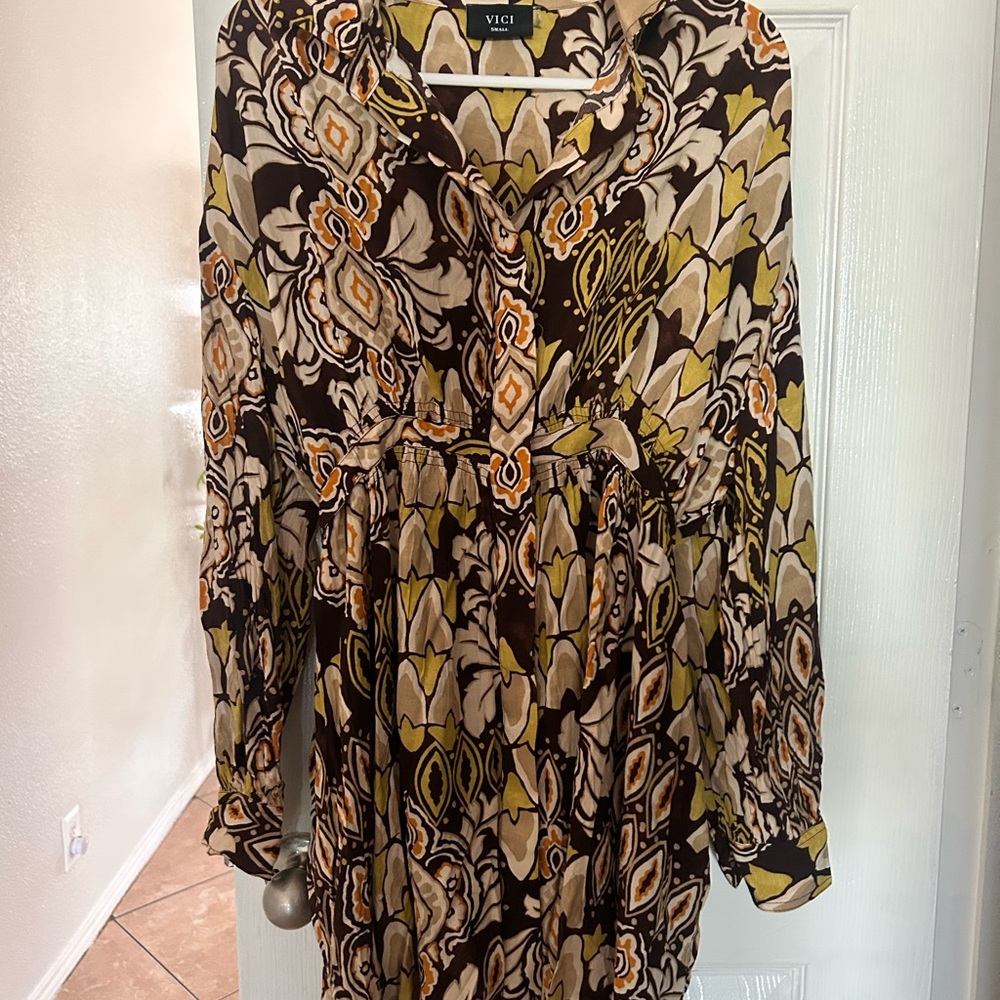 VICI Brown Olive & Cream Printed Long-Sleeve Dress
